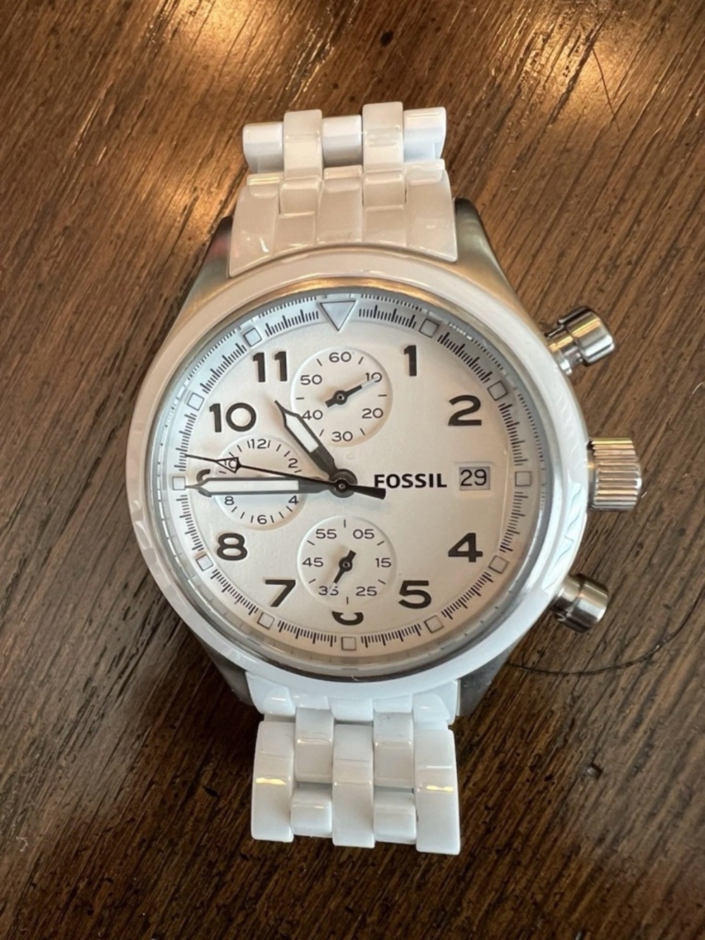 Fossil White and Silver Ceramic Chronograph Watch